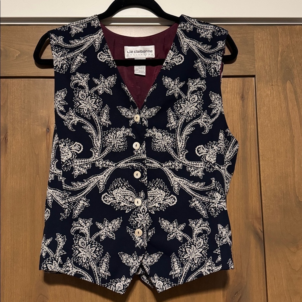 VTG Liz Claiborne Collection Womens M button down Paisley Vest Top Navy/Cream